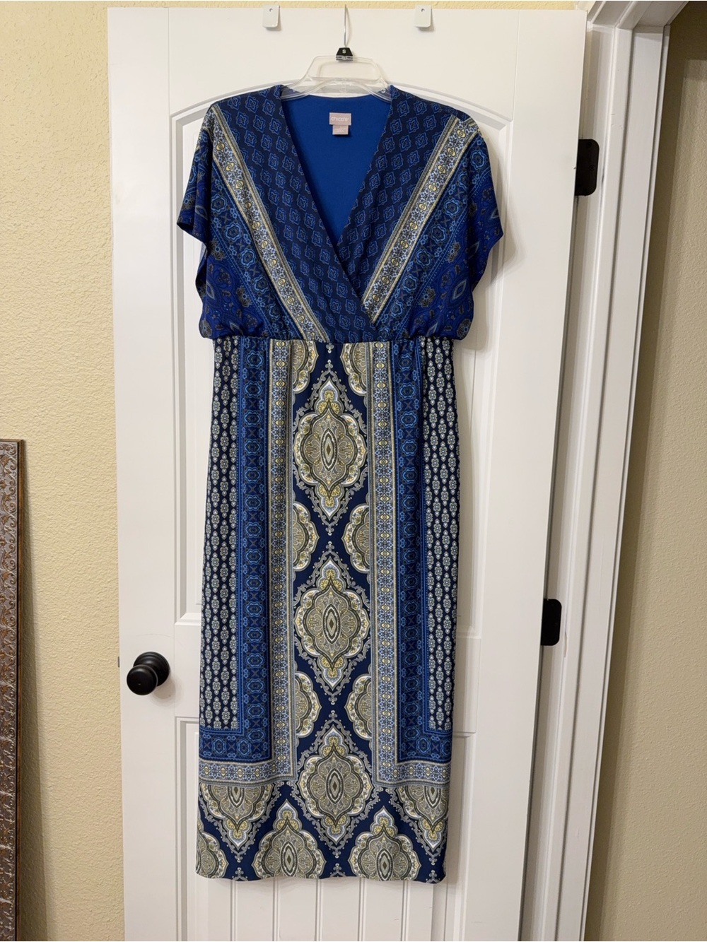 Blue Printed V-Neck Maxi Dress